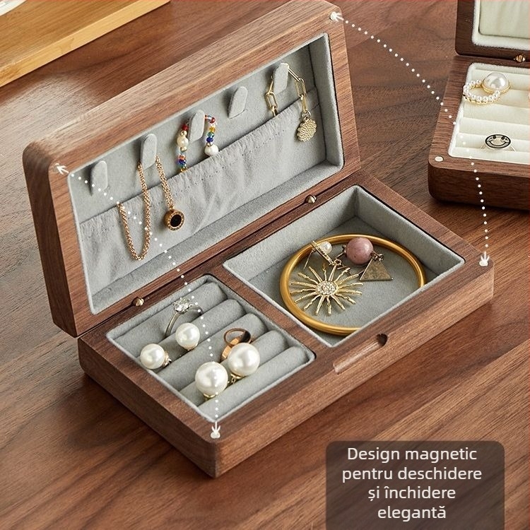 Cutie de bijuterii portabilă cu rabat din lemn de nuc negru, cutie de depozitare din lemn, cutie de organizare din lemn masiv pentru birou, colier, cercei, brățări