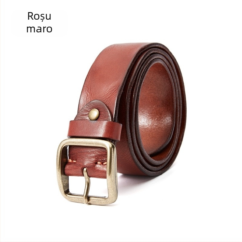 Curea retro din piele naturală pentru bărbați, cataramă cu știft gros, unisex, pentru femei, curea casual la modă, primul strat din piele de vacă, lucrată manual, pentru femei