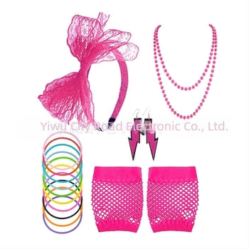 Costum de petrecere cu tematică neon din anii '80 pentru femei, costum de rochie, colier, cercei, dantelă, cercei pentru păr, plasă de pescuit, mănuși