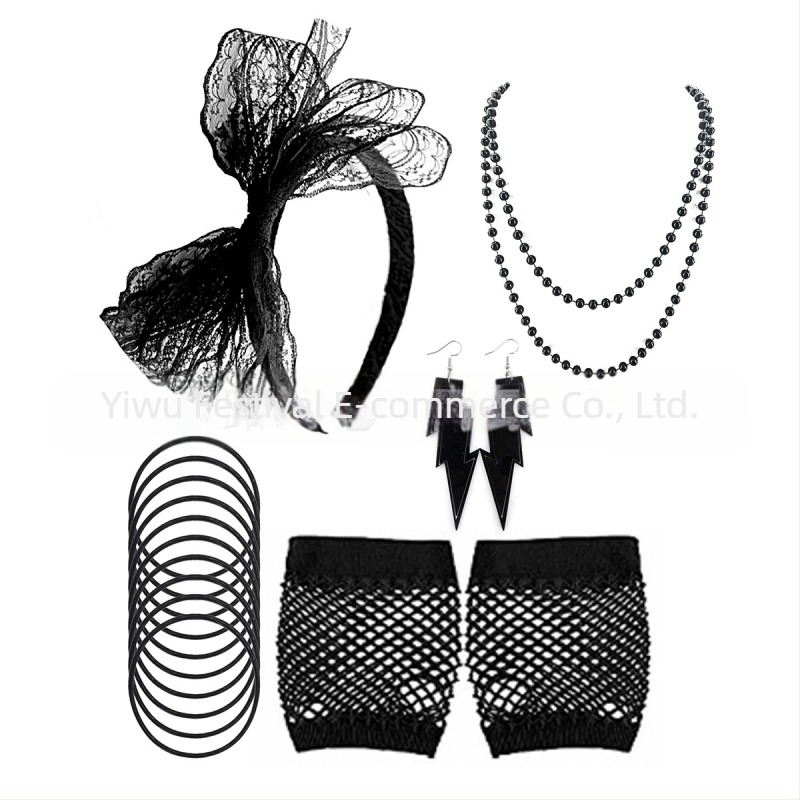 Costum de petrecere cu tematică neon din anii '80 pentru femei, costum de rochie, colier, cercei, dantelă, cercei pentru păr, plasă de pescuit, mănuși