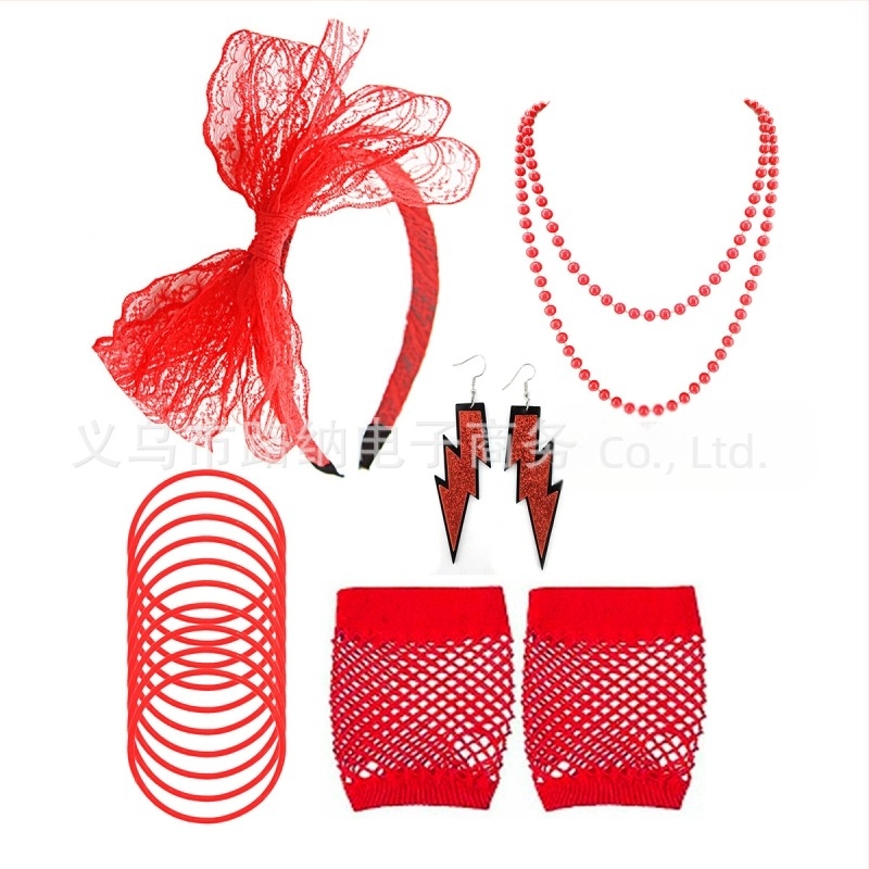 Costum de petrecere cu tematică neon din anii '80 pentru femei, costum de rochie, colier, cercei, dantelă, cercei pentru păr, plasă de pescuit, mănuși