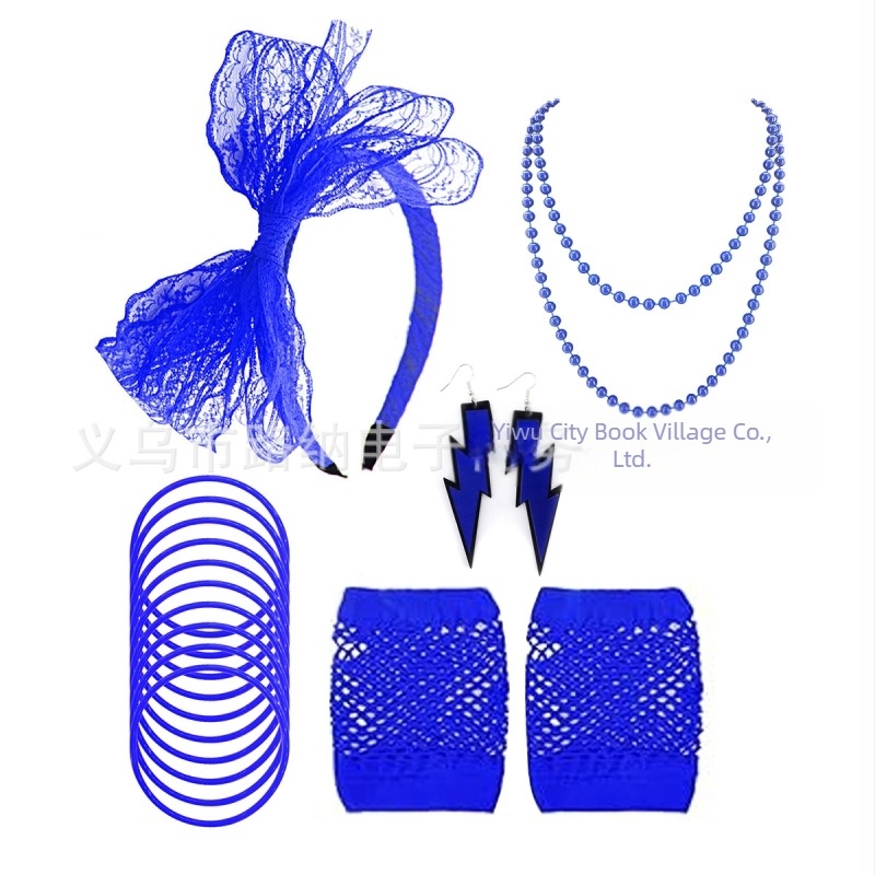 Costum de petrecere cu tematică neon din anii '80 pentru femei, costum de rochie, colier, cercei, dantelă, cercei pentru păr, plasă de pescuit, mănuși