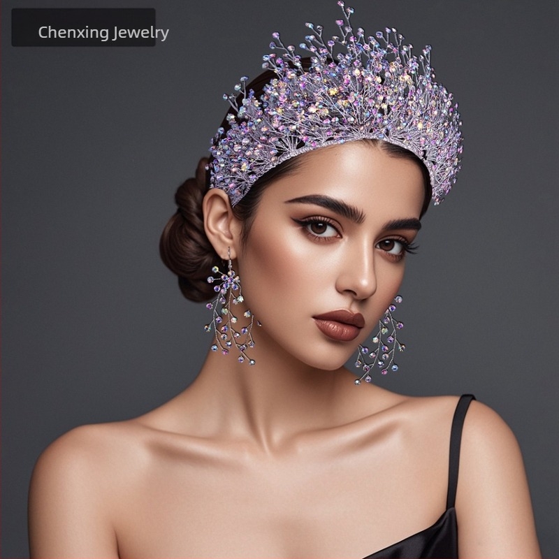 Star CX193 Rochie de mireasă europeană și americană, coroană mare, accesorii de păr pentru mireasă, accesorii de păr atmosferice, stras strălucitor criptat