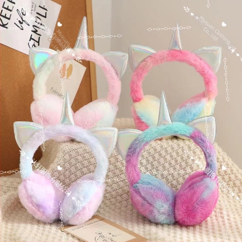 Căști urechi calde pentru copii, desene animate, toamnă și iarnă, curcubeu Macaron Unicorn, rezistente la frig, căști urechi retractabile, încălzire urechi
