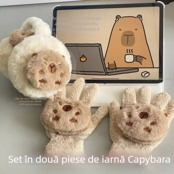 Mănuși de iarnă Capabala capibara, căști pentru urechi calde, din două piese, drăguțe, anti-îngheț, din pluș, rezistente la frig, pentru femei