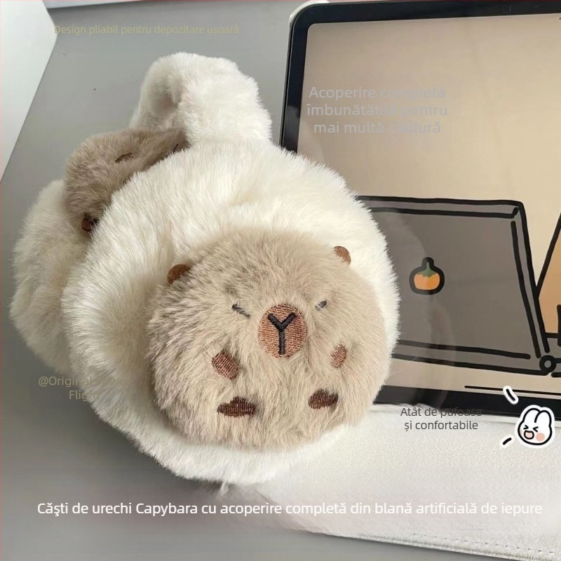 Mănuși de iarnă Capabala capibara, căști pentru urechi calde, din două piese, drăguțe, anti-îngheț, din pluș, rezistente la frig, pentru femei