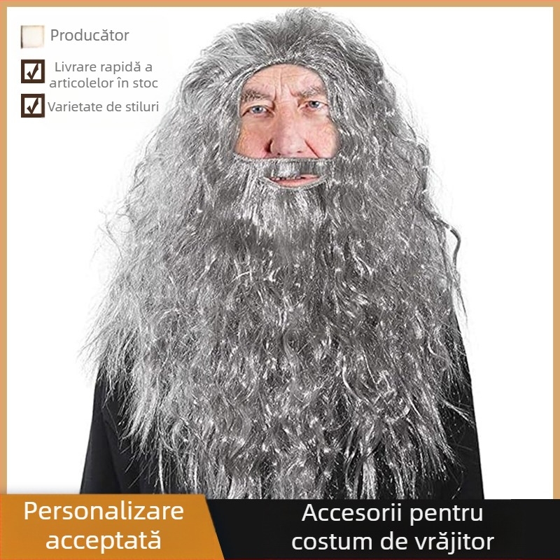 Accesorii costum de vrăjitor gri cu barbă și perucă, accesorii pentru costume de Halloween, distracție de Ziua Tatălui, pentru adulți