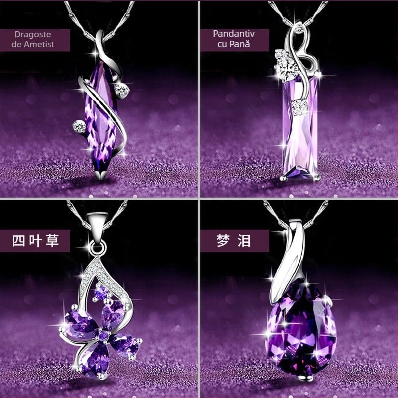 Colier placat cu argint european și american nou pentru femei, colier creativ cu trifoi cu patru foi, ametist, diamant, lanț scurt de claviculă, pandantiv cu cristal