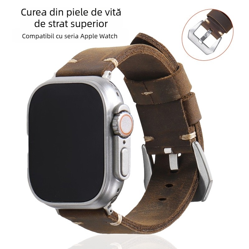Curea din piele de vacă de prim strat, vânzare la cald, pentru comerțul exterior, pentru curea de ceas din piele pentru bărbați din seria Apple Watch