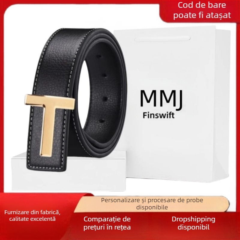Curea din piele de vacă pură, strat superior, pentru bărbați, din piele, casual, din oțel inoxidabil, cataramă netedă cu literă T, talie bărbătească, culoare cafea neagră, față-verso