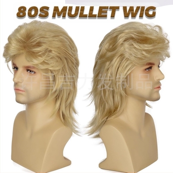 Perucă de mullet pentru comerț exterior european și american, păr lung pentru bărbați, anii '80, perucă de recuzită pentru spectacole de petreceri rock, pentru trupe rock din anii '80