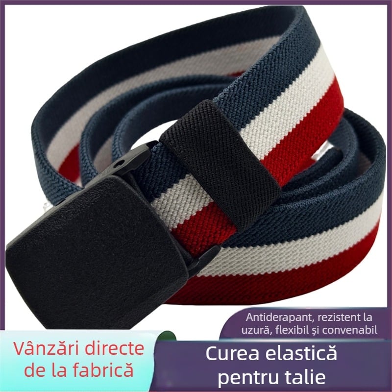 Curea elastică cu dungi în trei culori, cu cataramă din plastic, curea moale, rapidă prin securitate