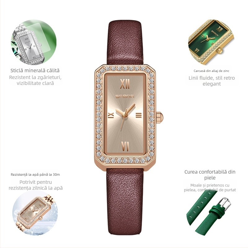 Ceasuri de damă lungi pătrate 2024 nou cuarț incrustat cu diamante, la modă, curea impermeabilă pentru exterior, potrivită pentru toate tipurile de ceasuri