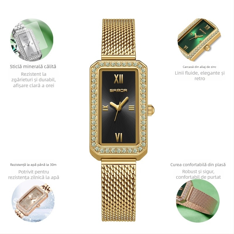 Ceasuri de damă lungi pătrate 2024 nou cuarț incrustat cu diamante, la modă, curea impermeabilă pentru exterior, potrivită pentru toate tipurile de ceasuri