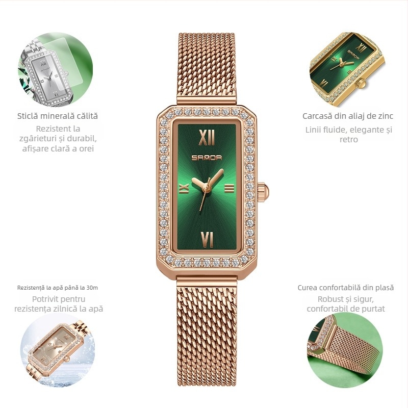 Ceasuri de damă lungi pătrate 2024 nou cuarț incrustat cu diamante, la modă, curea impermeabilă pentru exterior, potrivită pentru toate tipurile de ceasuri