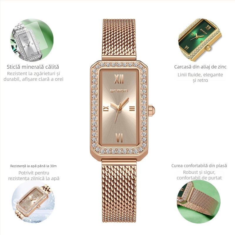 Ceasuri de damă lungi pătrate 2024 nou cuarț incrustat cu diamante, la modă, curea impermeabilă pentru exterior, potrivită pentru toate tipurile de ceasuri