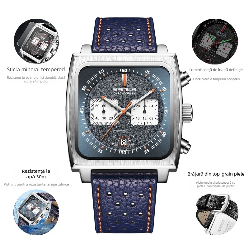 Ceas de mână pentru bărbați, cuarț cronograf multifuncțional, din piele naturală, cu explozii transfrontaliere 2024, cronograf, multifuncțional