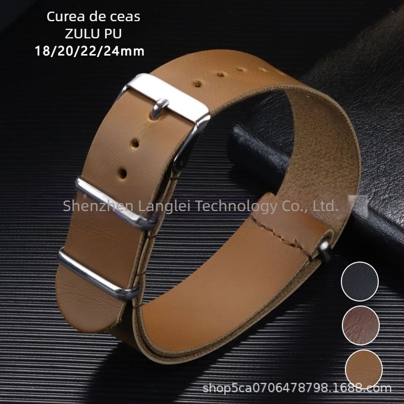 Curea vintage din imitație de piele PU NATO și ZULU, cataramă bărbătească de 18/20/22/24 mm, neagră, maro, argintie