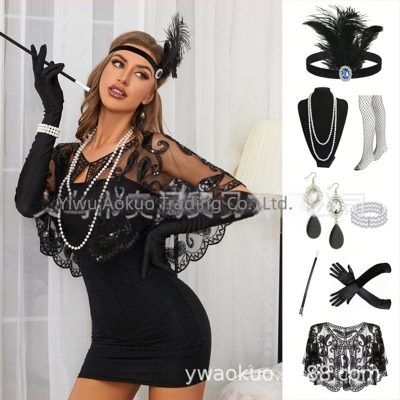 Gatsby anii 1920 petrecere a burlacilor retro cu pene bentiță mascarada set colier mănuși tijă de țigară