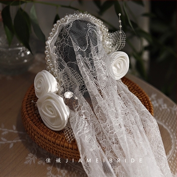 Pălărie de mireasă din dantelă vintage din industrie grea, stil Republica China, din tifon, cu temperament francez, pentru mireasă, coafură de călătorie, rachetă, accesorii de păr