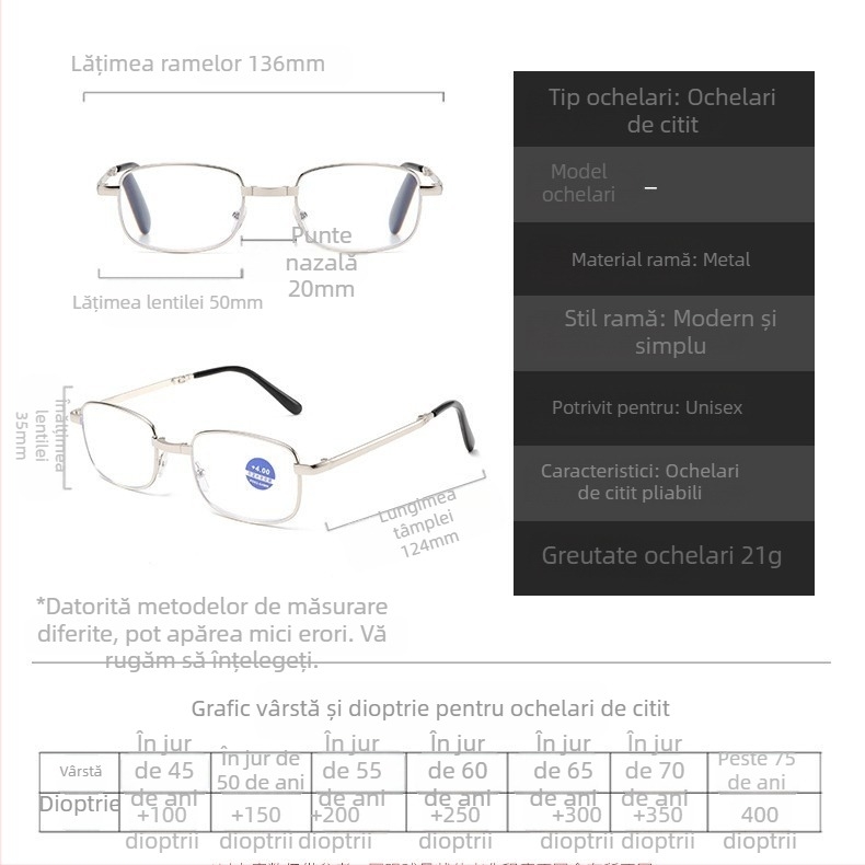 Ochelari presbioscopici pliabili portabili anti-lumină albastră, ochelari presbioscopici clasici unisex, ochelari de alergare Jianghu Stall