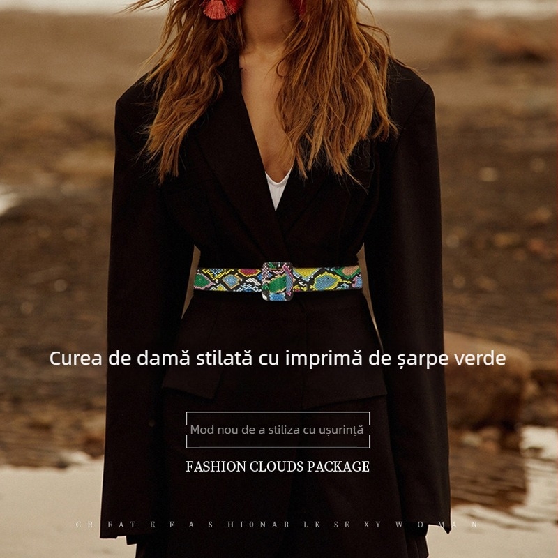 Curea populară la modă în comerț exterior, cu model de șarpe verde, curea decorativă pentru rochie cu sigiliu, curea decorativă pentru rochie, cu cataramă cu știft de modă europeană și americană