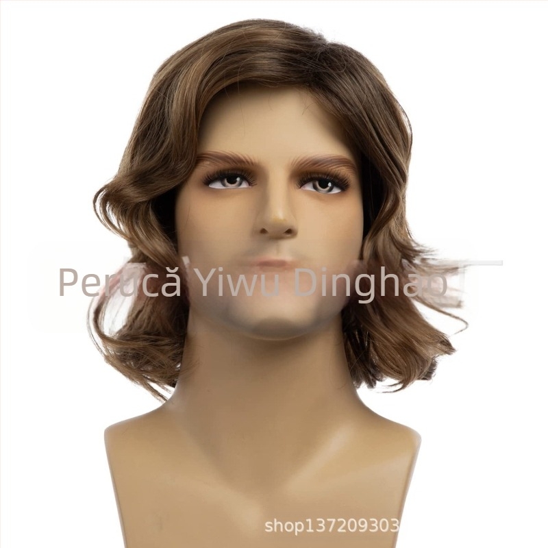 Perucă pentru bărbați din Europa și America, păr scurt și creț, parțial maro, pufos, cu bucle naturale, pentru bărbați, depozit Yiwu