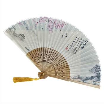 În stoc, evantai mic în stil chinezesc, en-gros, imitație de mătase, cap verde, 6 inch, evantai mic pentru bărbați, evantai de mătase cu flori de narcisă și os