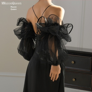 Manzhen, rochie de mireasă lungă și neagră, cu mâneci lungi și pufoase, din satin, cu mâneci MM37