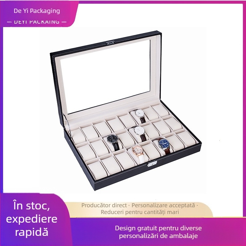 Cutie de ceas din piele PU neagră de 24 de biți, cutie de depozitare personalizată, cutie de afișare transparentă din catifea personalizată, procesare cutie de bijuterii en-gros