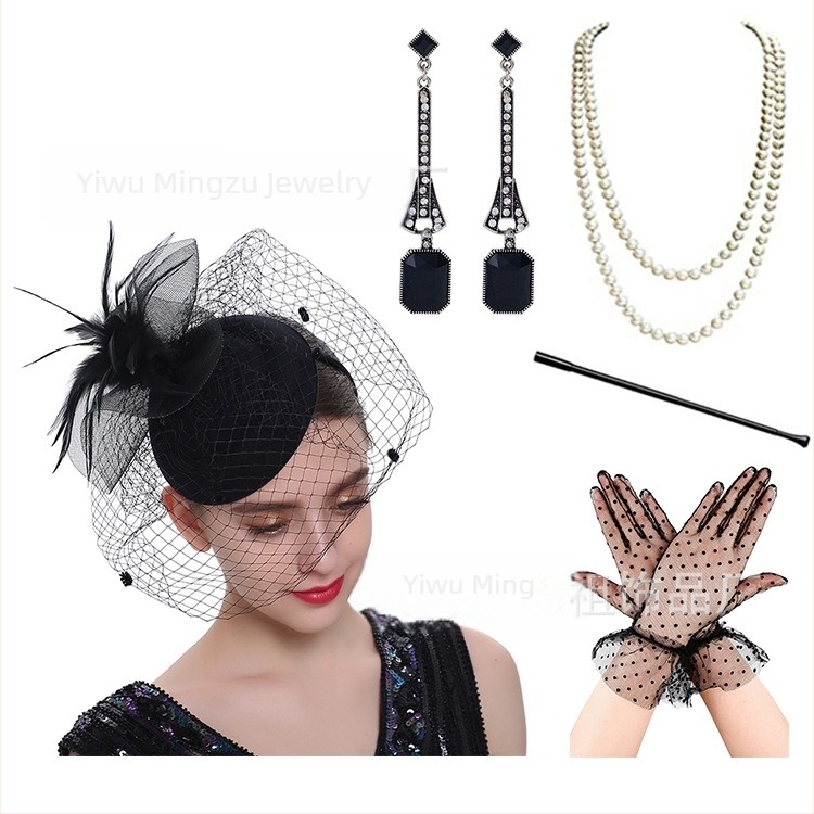 Accesorii de păr europene și americane, mireasă, pene, flori, plasă, agrafă de păr, beretă mică, rochie cheongsam, accesorii, mănuși, set de colier