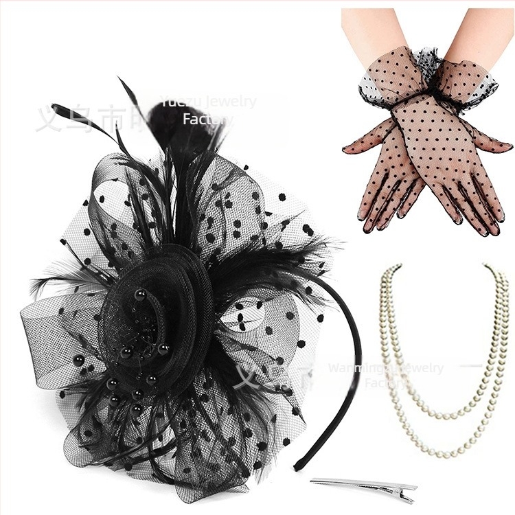 Accesorii de păr europene și americane, mireasă, pene, flori, plasă, agrafă de păr, beretă mică, rochie cheongsam, accesorii, mănuși, set de colier