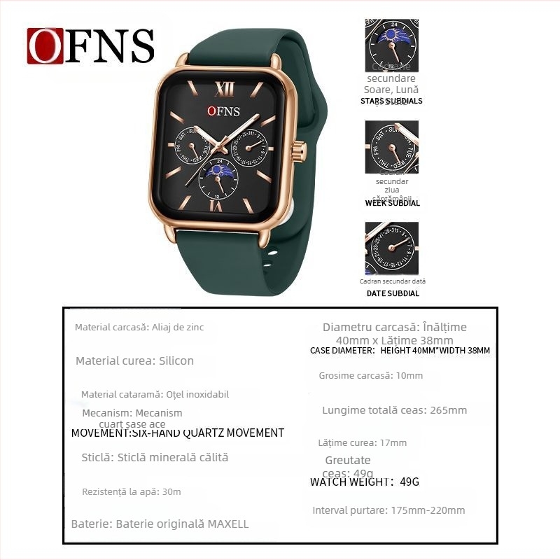 O'Fannie's Time-shaking Explosive Square Quartz Women's Watch Niche Sun Moon Star Watch impermeabil cu șase pini pentru femei