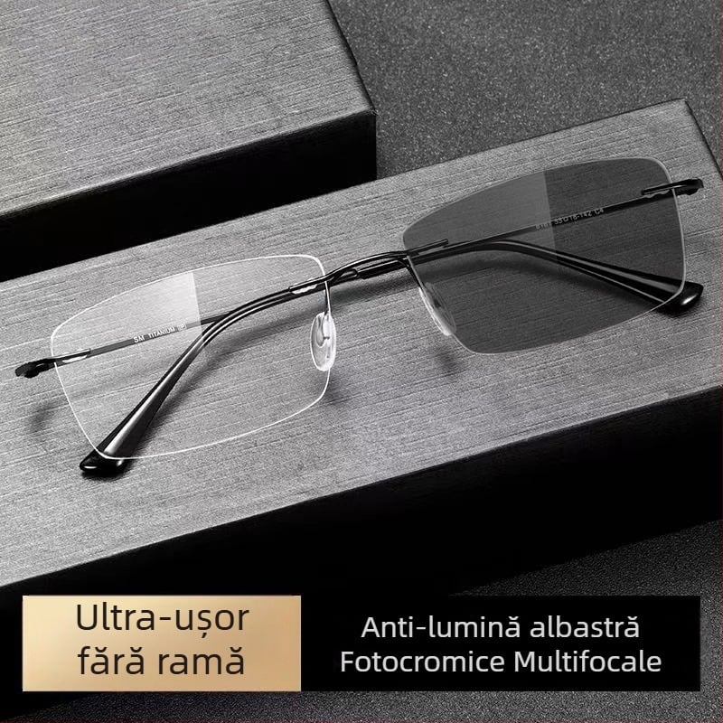 Ochelari de citit fotocromatici anti-lumină albastră pentru bărbați de vârstă mijlocie și vârstnici, ochelari de citit progresivi cu focalizare multiplă, ochelari de citit ultra-ușori, fără ramă