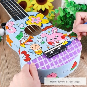 Chitară mică DIY pentru copii, ukulele de 21 de inch, lucrată manual, geantă din material, instrument muzical din lemn, jucărie, graffiti pictat, en-gros