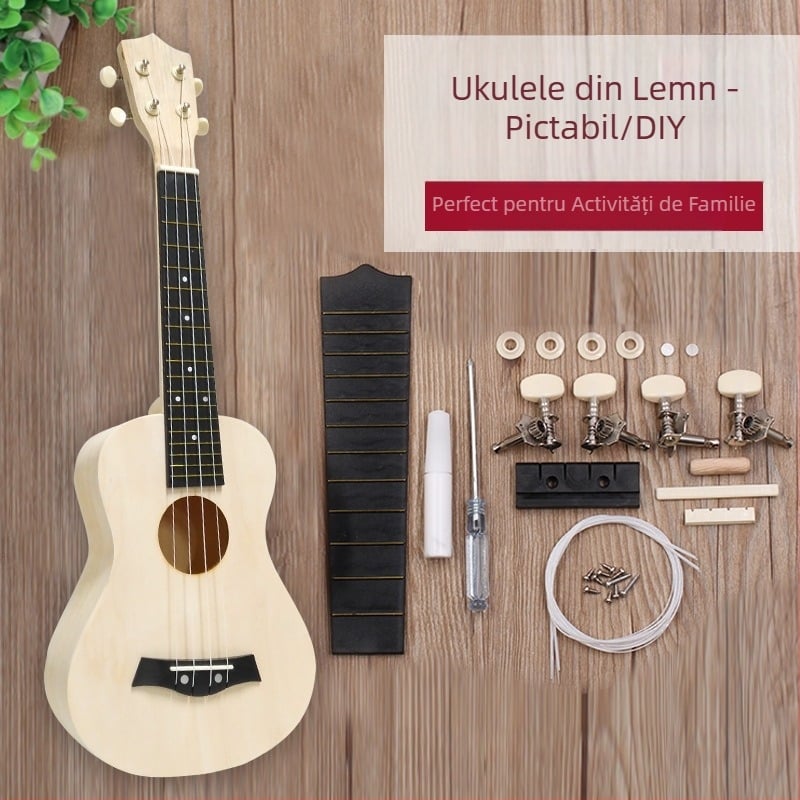 Chitară mică DIY pentru copii, ukulele de 21 de inch, lucrată manual, geantă din material, instrument muzical din lemn, jucărie, graffiti pictat, en-gros