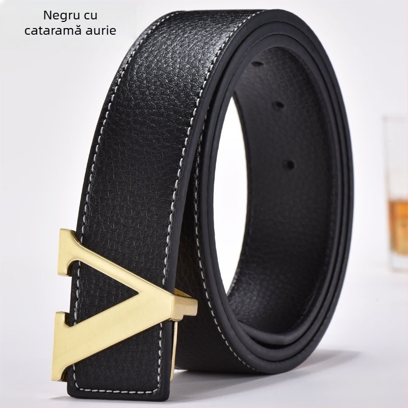 Curea bărbătească la modă a producătorului, curea în formă de V, model de lici, stil coreean, curea cu litere la modă, curea de vacă pentru bărbați și femei