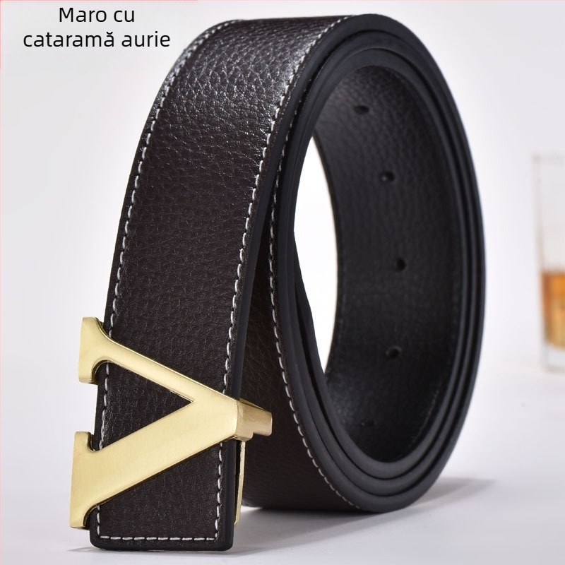 Curea bărbătească la modă a producătorului, curea în formă de V, model de lici, stil coreean, curea cu litere la modă, curea de vacă pentru bărbați și femei