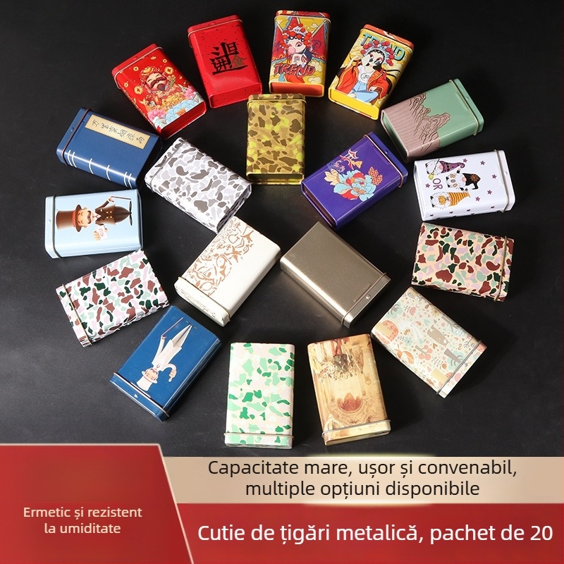 Pachet nou de 20 de huse de țigări integrate din metal cu rabat, creative, cu mai multe modele, impermeabile și rezistente la umiditate, cutie din tablă de oțel pentru bărbați, vânzare directă