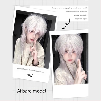 Perucă cu cap de chefal cu coadă de lup alb pentru băieți și femei, păr scurt, seria japoneză Cos Samurai, simulare a capului pentru bărbați, acoperire completă a capului