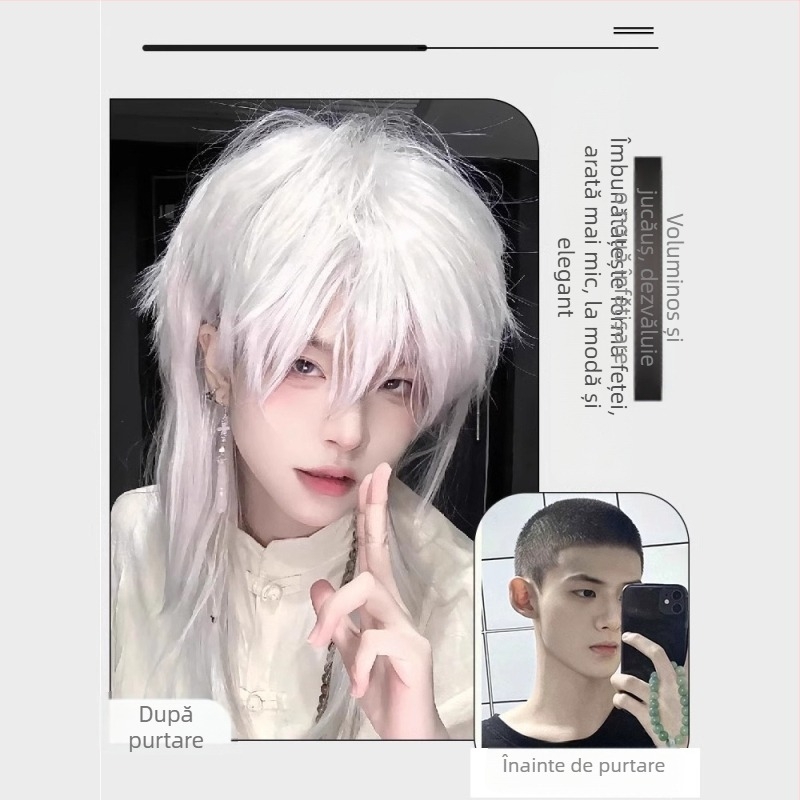 Perucă cu cap de chefal cu coadă de lup alb pentru băieți și femei, păr scurt, seria japoneză Cos Samurai, simulare a capului pentru bărbați, acoperire completă a capului