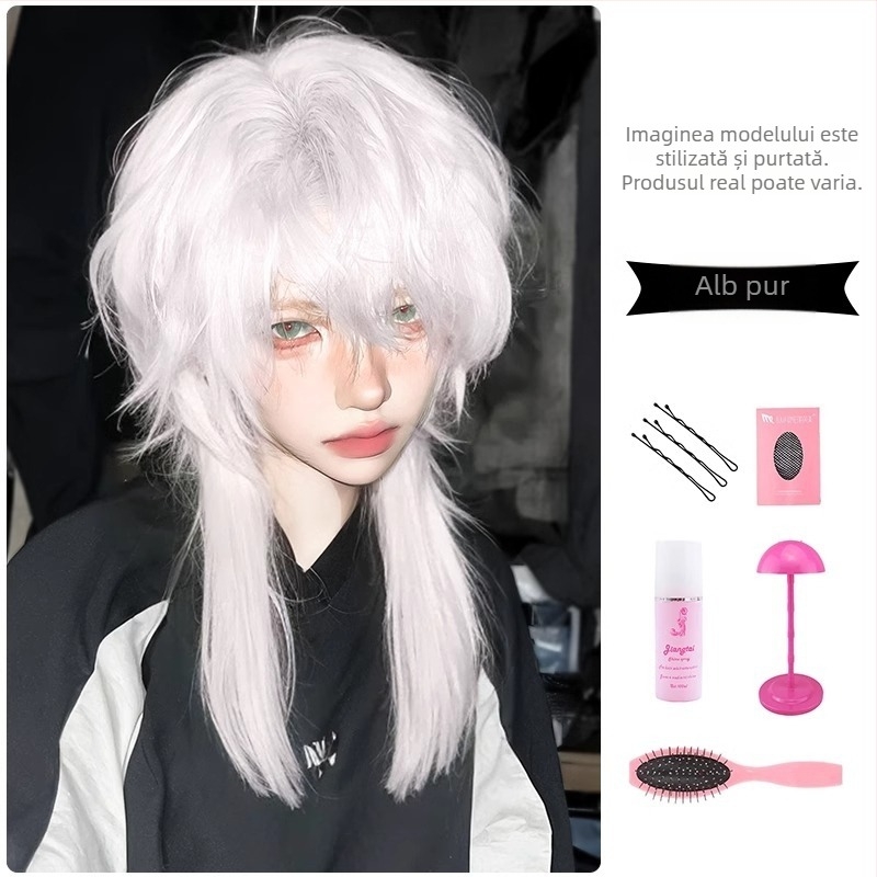 Perucă cu cap de chefal cu coadă de lup alb pentru băieți și femei, păr scurt, seria japoneză Cos Samurai, simulare a capului pentru bărbați, acoperire completă a capului