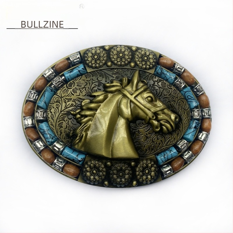 Cataramă de curea BULLZINE din aliaj de zinc, stil Western Denim, cu cap de cal, 03764-2, cataramă de curea vintage casual