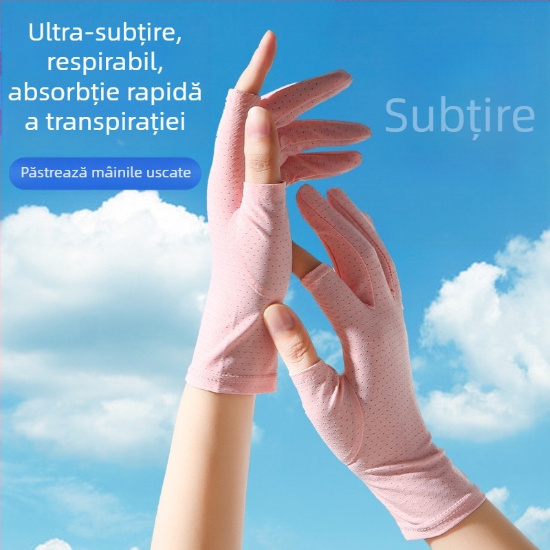 Mănuși de vară cu protecție solară din mătase de gheață, pentru femei, subțiri, anti-ultraviolete, elastice, antiderapante, pentru condus, cu două degete