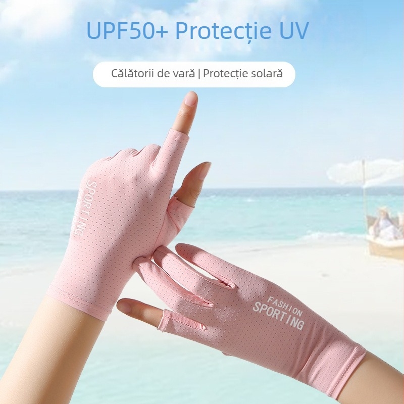 Mănuși de vară cu protecție solară din mătase de gheață, pentru femei, subțiri, anti-ultraviolete, elastice, antiderapante, pentru condus, cu două degete