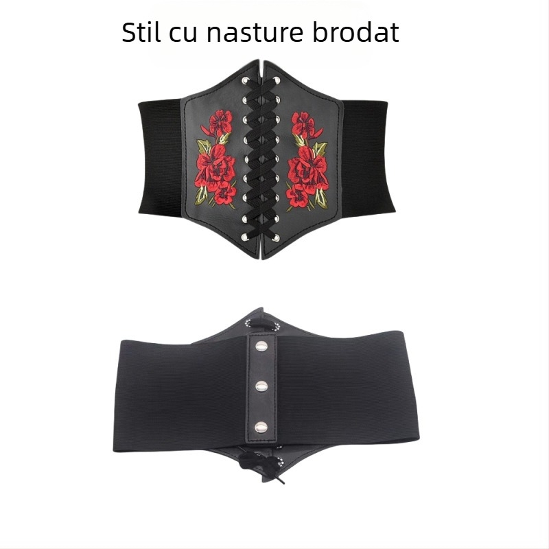 Curea de talie pentru femei, stil european și american transfrontalier, brodată cu trandafir, super lată, cu elastic în piele pentru rochie