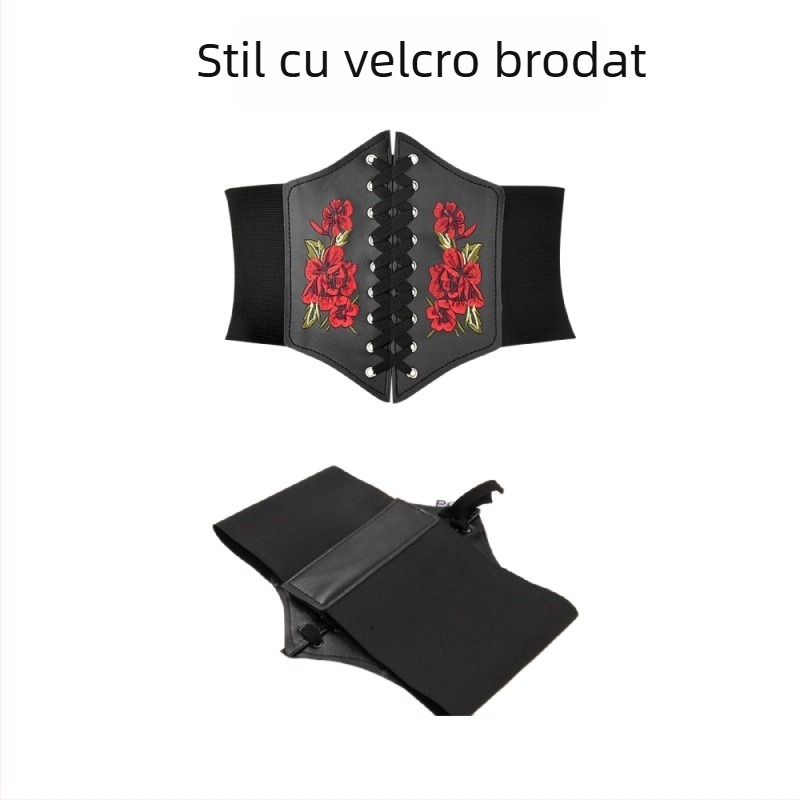 Curea de talie pentru femei, stil european și american transfrontalier, brodată cu trandafir, super lată, cu elastic în piele pentru rochie