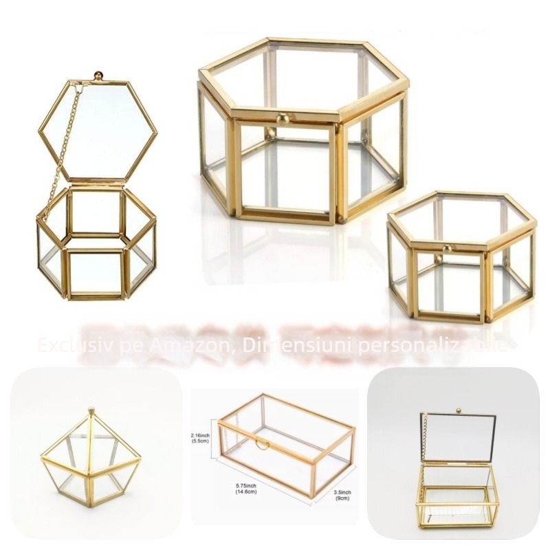 Cutie de bijuterii din sticlă transparentă vintage din metal cu șase fețe, cutie de inele de nuntă DIY, cutie de depozitare pentru cadouri, cutie de bijuterii