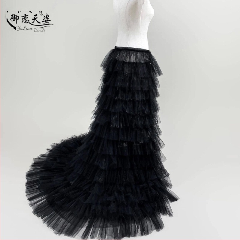 Fustă de tort plisată cu talie înaltă, cu plasă lungă și cusătură transfrontalieră europeană și americană, sexy, cu dantelă, all-match, fustă tutu plisată
