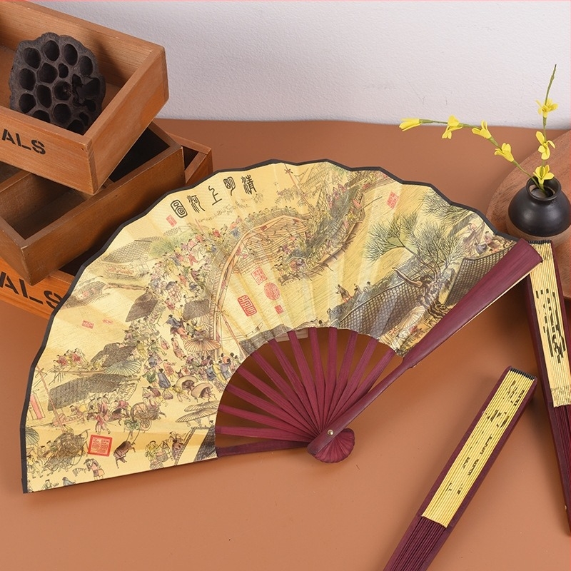 Evantai pliabil personalizat Qingming Shanghe Figură Stil chinezesc Evantai rafinat din pânză de mătase Evantai antic Publicitate Evantai antic en-gros